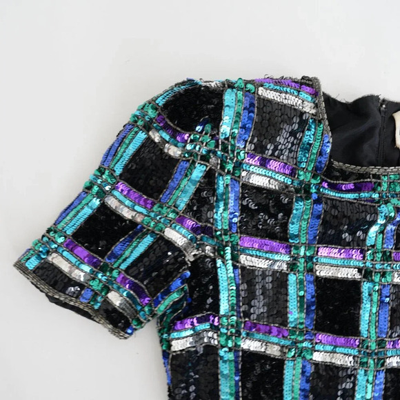 Leslie Fay Black w Purple Teal Sequin Evenings Short Sleeve Shift  Midi Dress 8 - Picture 11 of 13